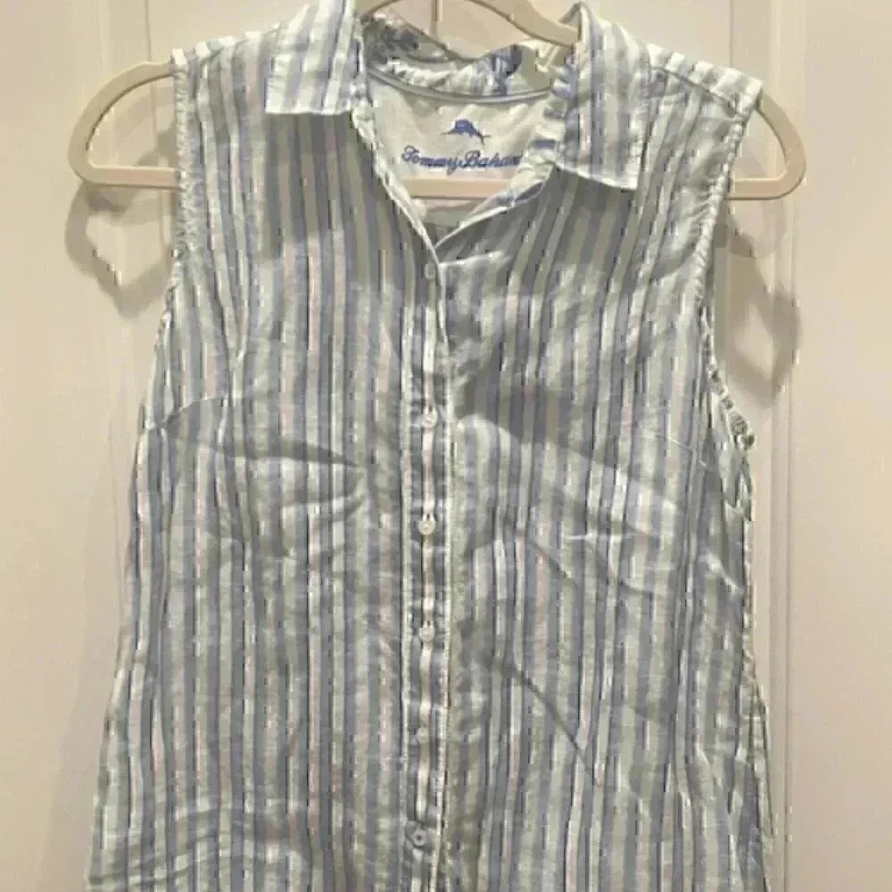 TOMMY BAHAMA BLUE STRIPPED 100% LINEN TOP SIZE SMALL VACATION CRUISE BEACH